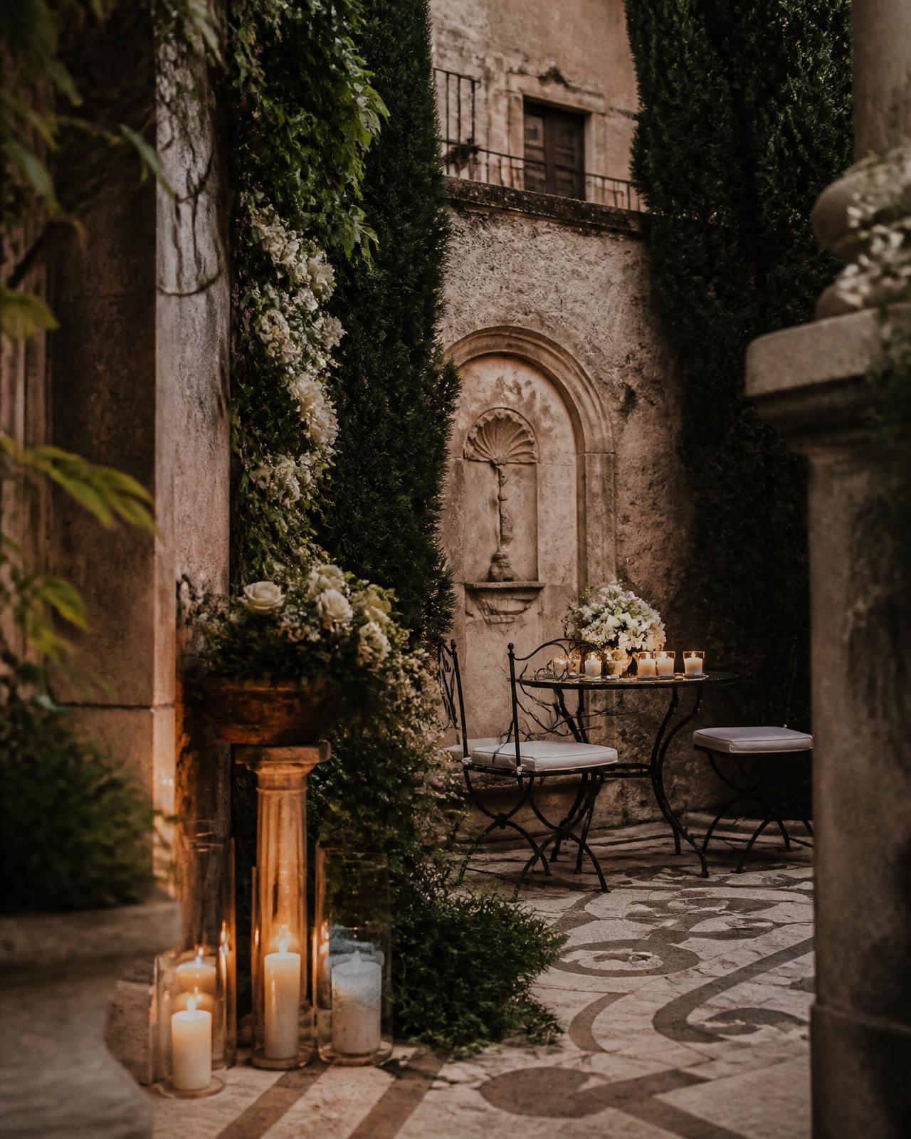 Secluded Roman garden courtyard styled with candles and white flowers