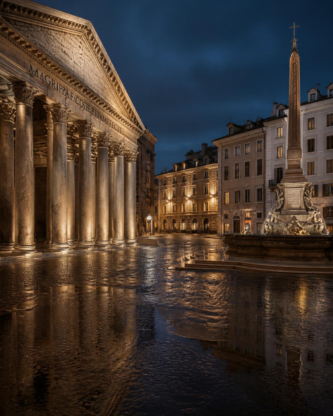 Classical Roman architecture illuminated at blue hour
