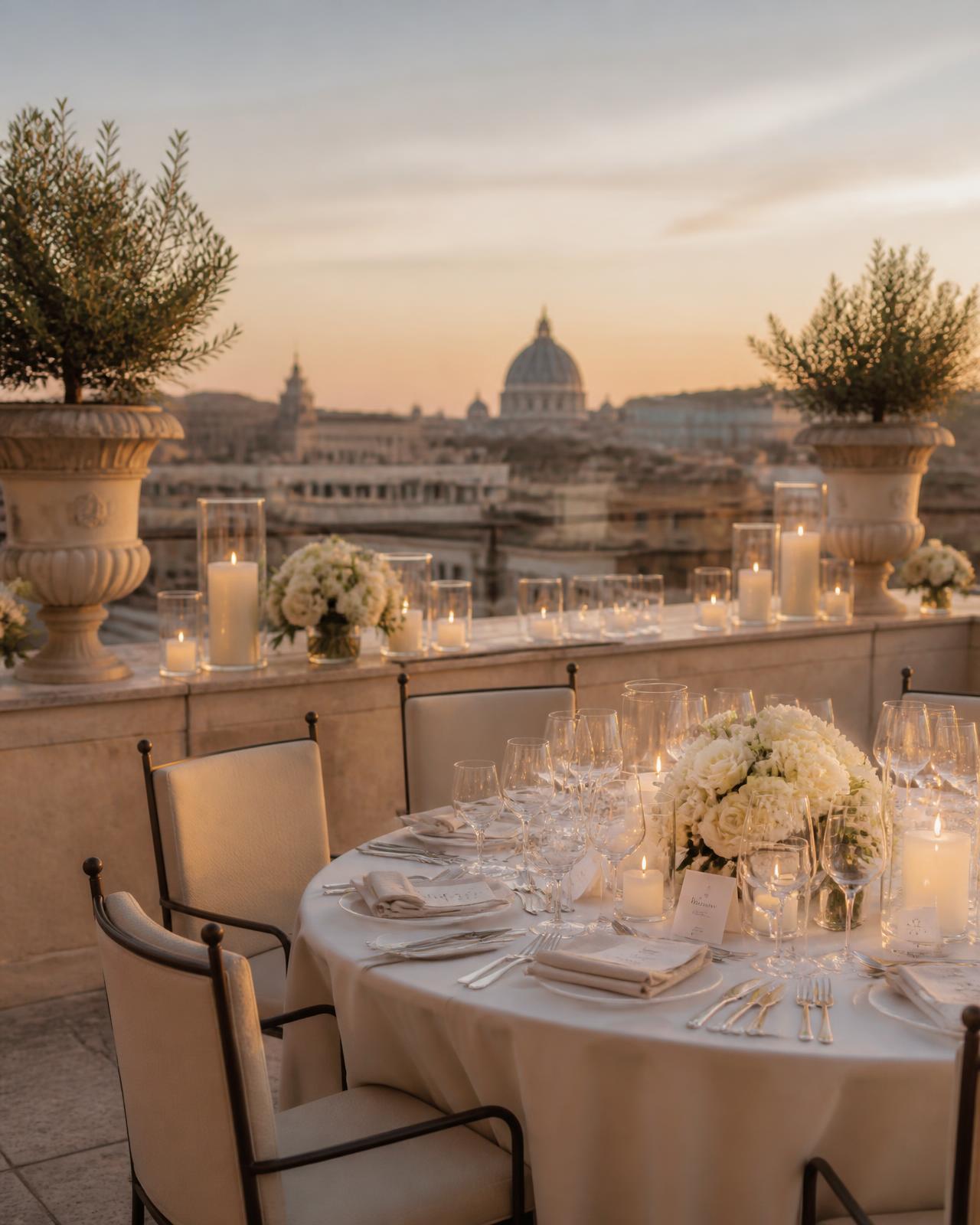 Candlelit rooftop terrace setting overlooking Rome at sunset