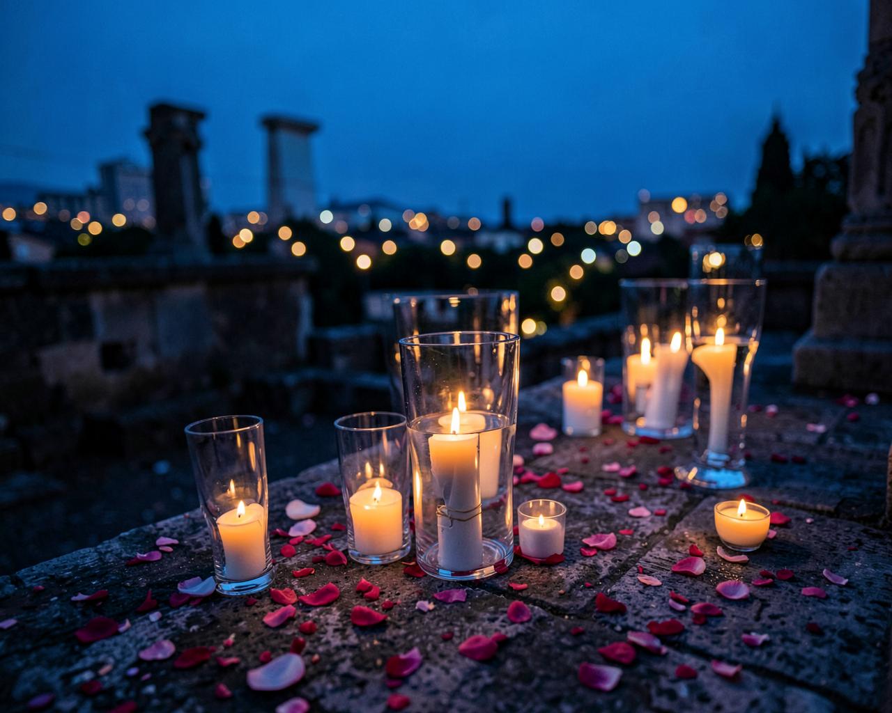 Candlelit pathway on a Roman terrace at blue hour