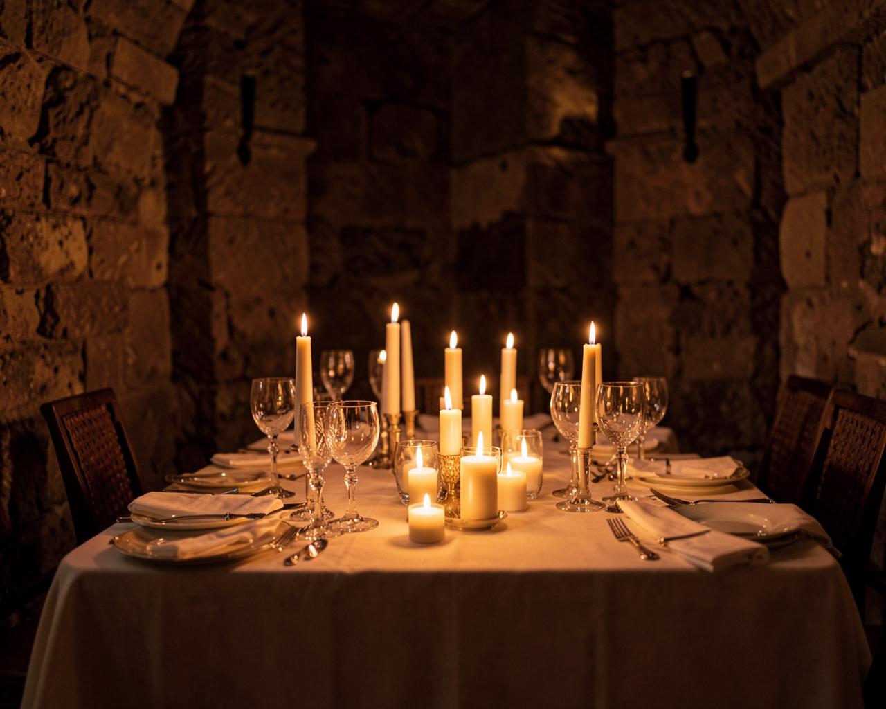 Intimate candlelit dinner setup for two in a Roman stone room