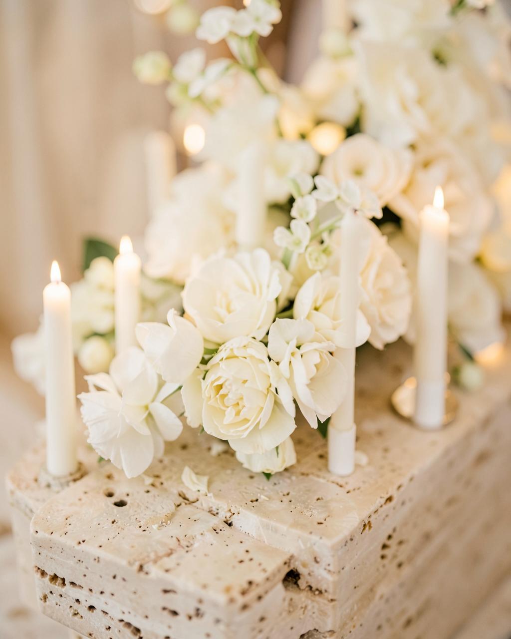 Elegant white floral installation on travertine stone